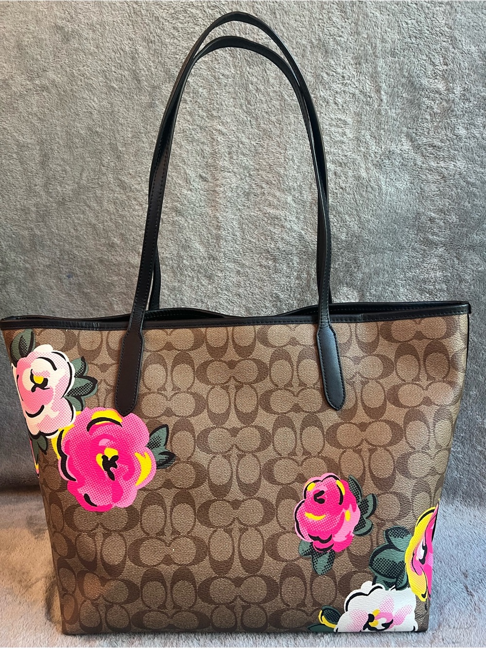 Coach Brown Signature Tote with Pink & Yellow Floral Print - Picture 3 of 5
